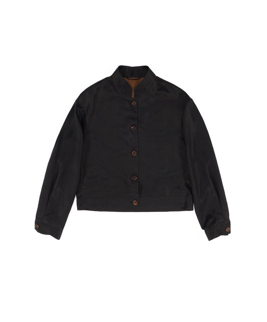 Black Gambiered Canton Gauze Mandarin-Collar Bomber Jacket