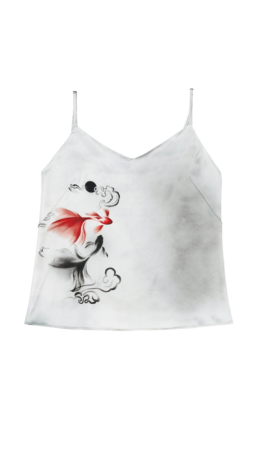 40 Momme Mulberry Silk Satin Top with Gold Fish under the Moonlight