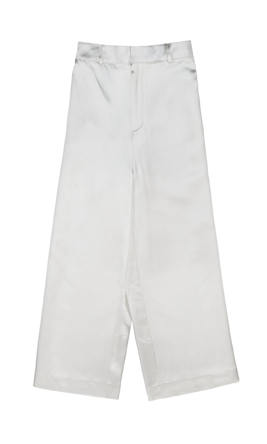 White 40 Momme Mulberry Silk Satin Wide-Leg Trousers