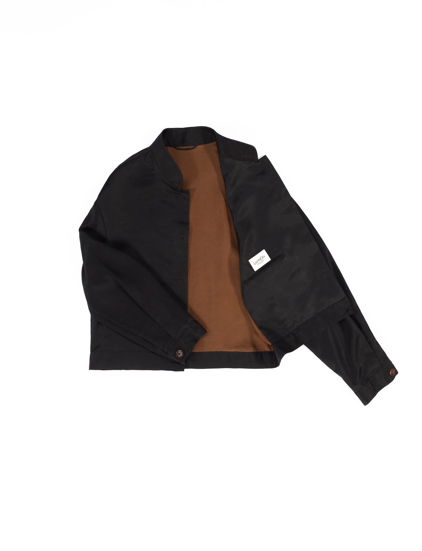 Black Gambiered Canton Gauze Mandarin-Collar Bomber Jacket