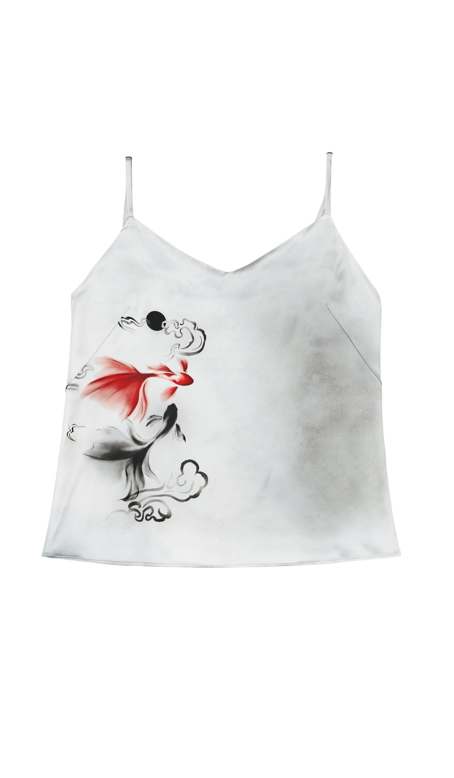 40 Momme Mulberry Silk Satin Top with Gold Fish under the Moonlight