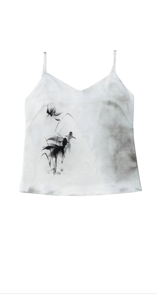 40 Momme Mulberry Silk Satin Top with Gold Fish in a Lotus Pond