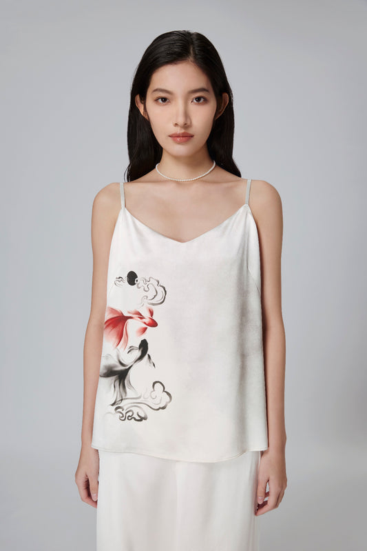 40 Momme Mulberry Silk Satin Top with Gold Fish under the Moonlight