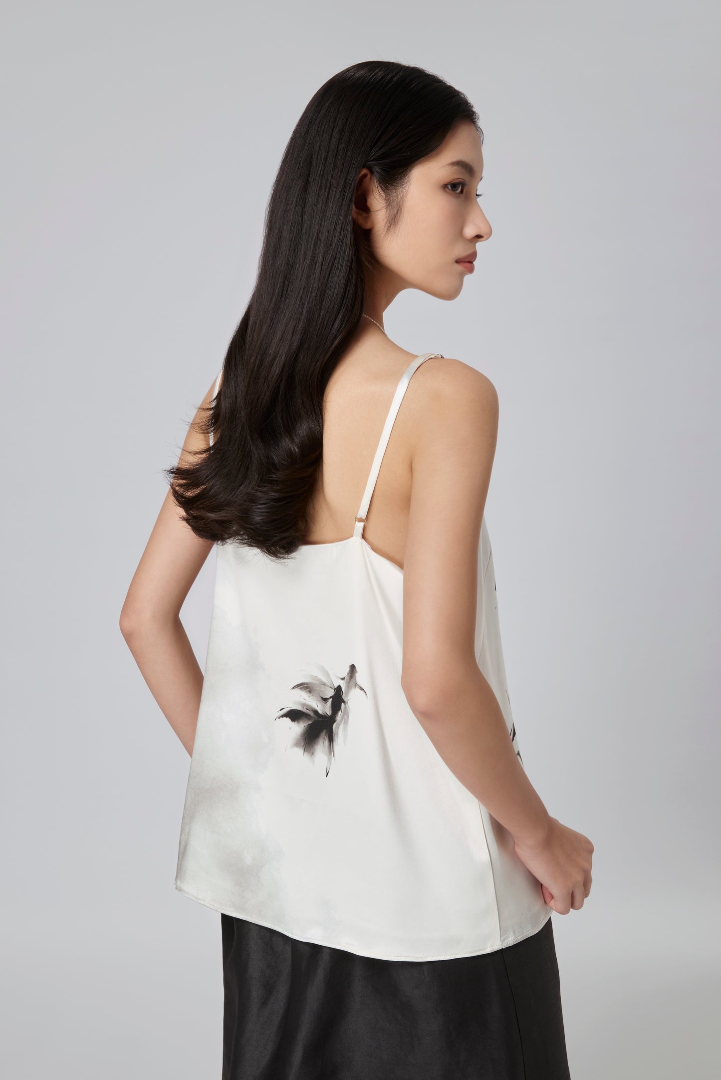 40 Momme Mulberry Silk Satin Top with Gold Fish in a Lotus Pond