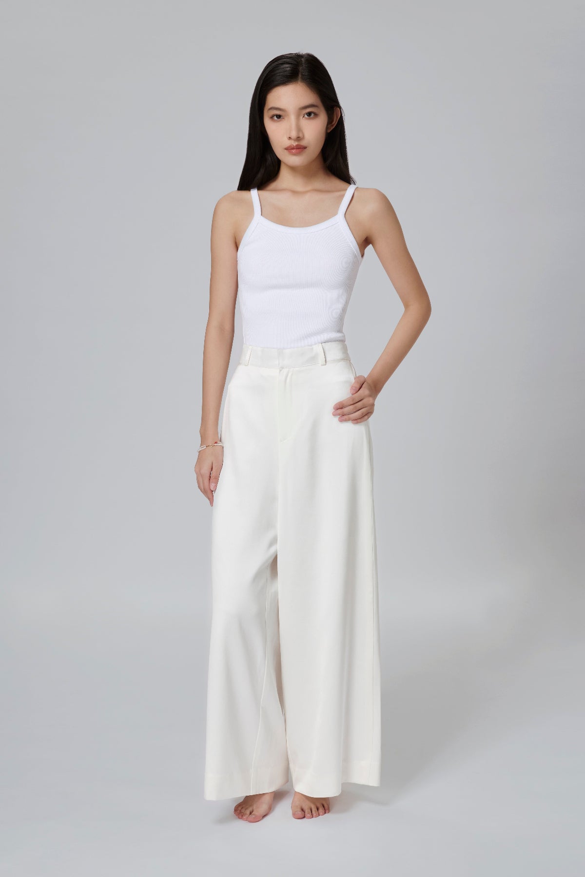 White 40 Momme Mulberry Silk Satin Wide-Leg Trousers