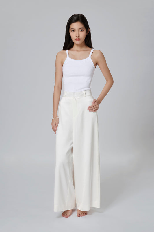 White 40 Momme Mulberry Silk Satin Wide-Leg Trousers