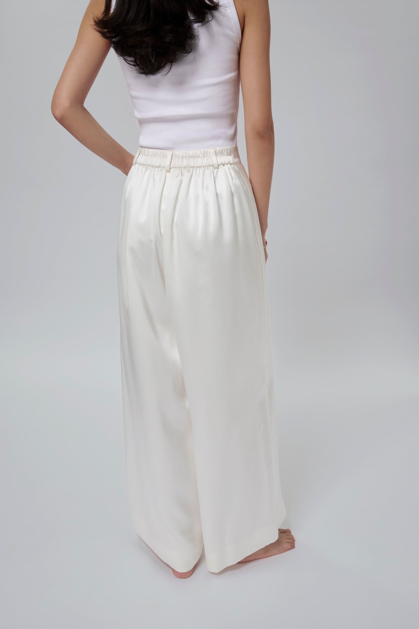 White 40 Momme Mulberry Silk Satin Wide-Leg Trousers