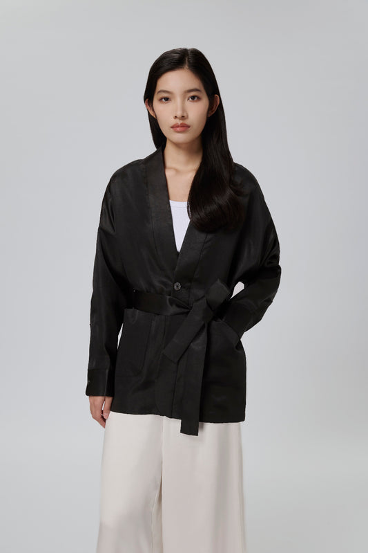 Black Gambiered Canton Gauze Open Kimono Jacket