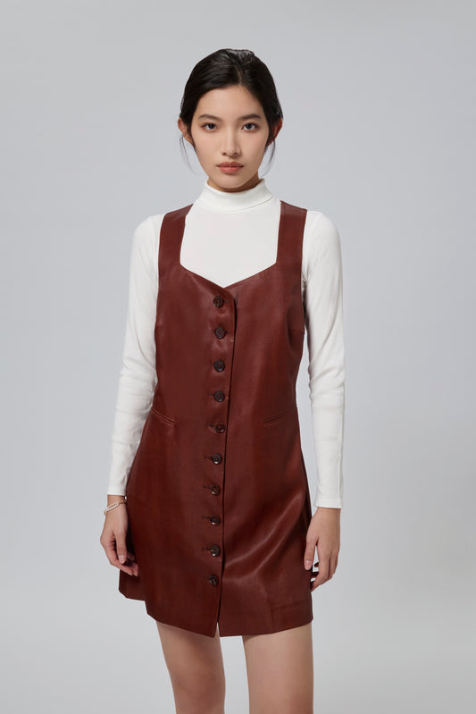 Brown Gambiered Canton Gauze Button-Front Dress