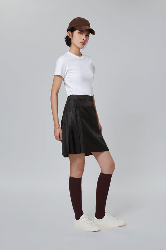 Black Gambiered Canton Gauze Short Skirt with Pleats