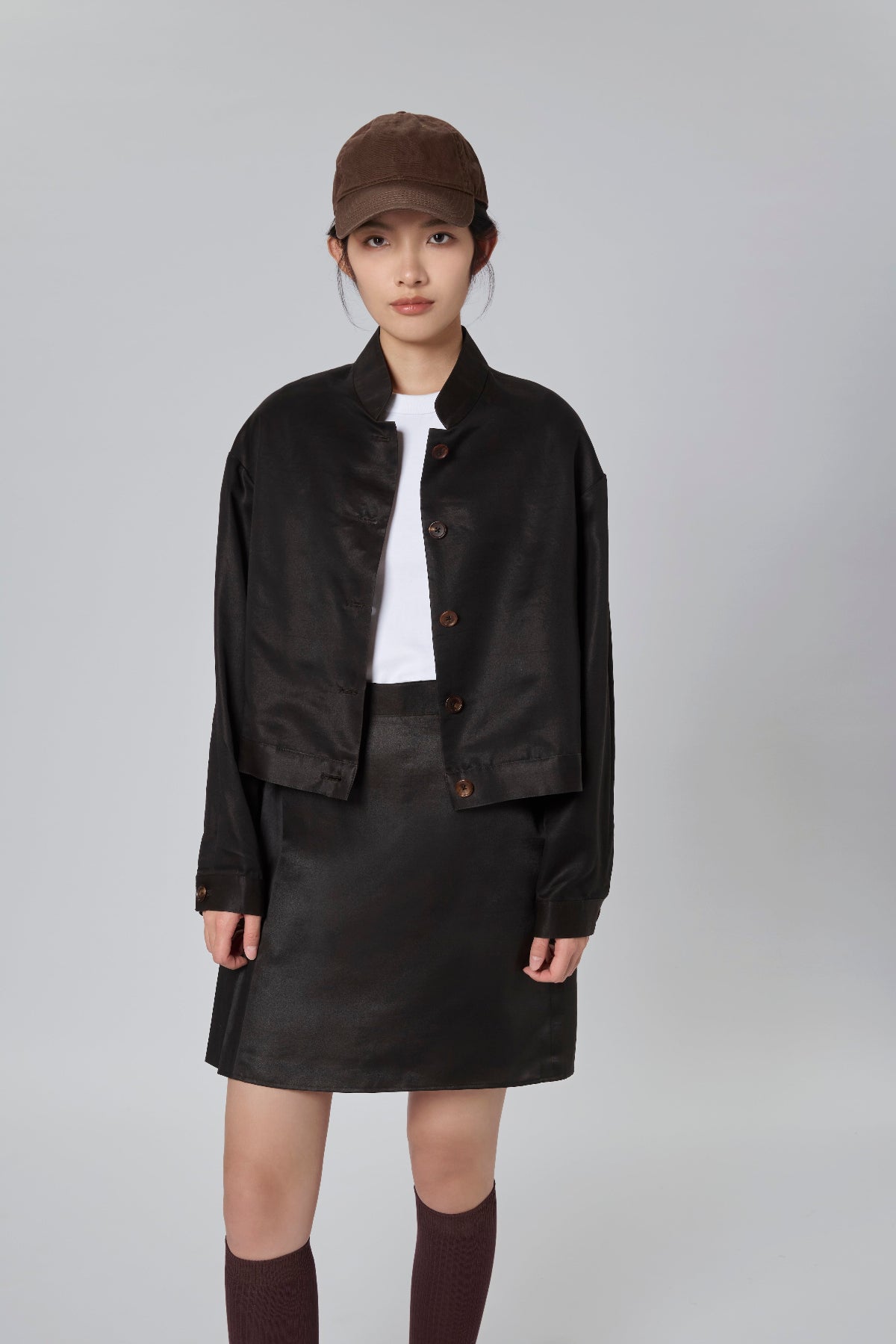 Black Gambiered Canton Gauze Mandarin-Collar Bomber Jacket