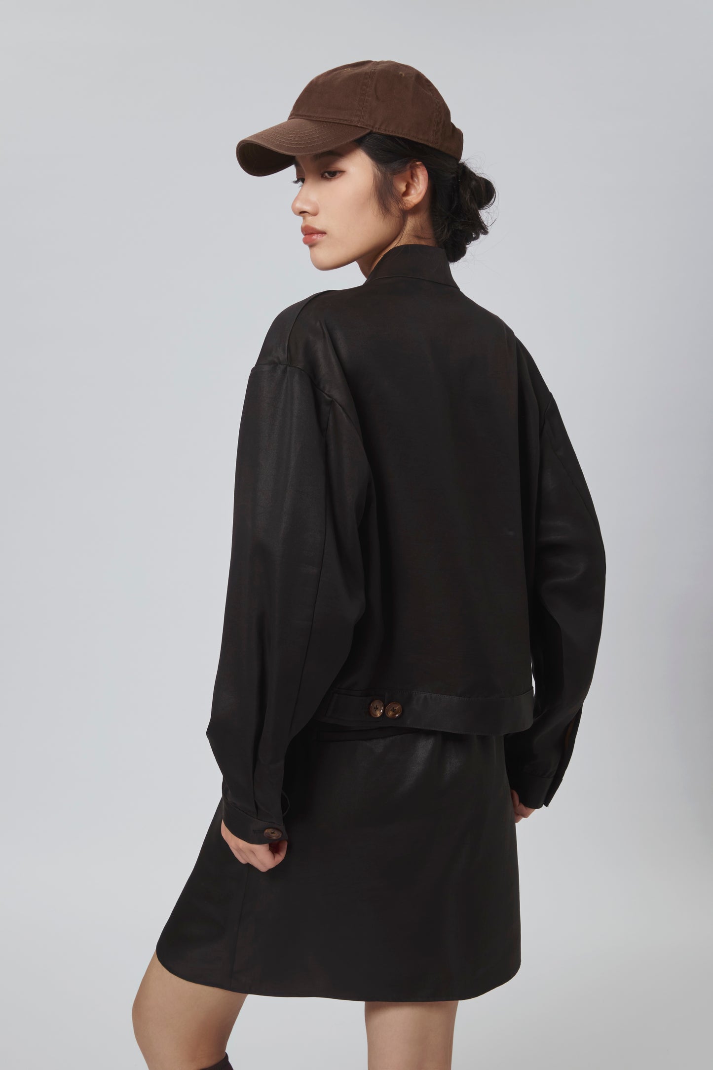 Black Gambiered Canton Gauze Mandarin-Collar Bomber Jacket