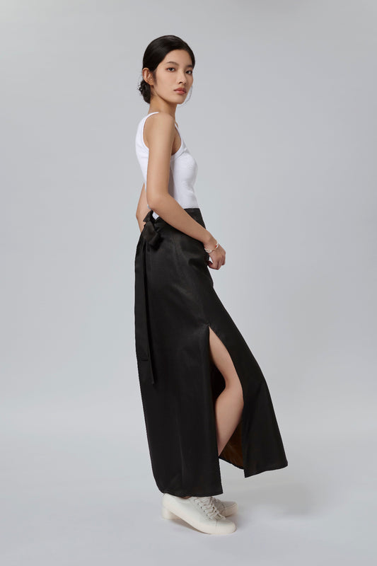 Black Gambiered Canton Gauze Maxi Skirt with Side Slit