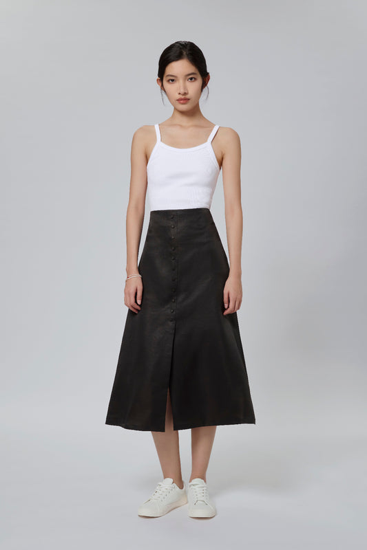 Black Gambiered Canton Gauze Maxi Skirt with Button Detail